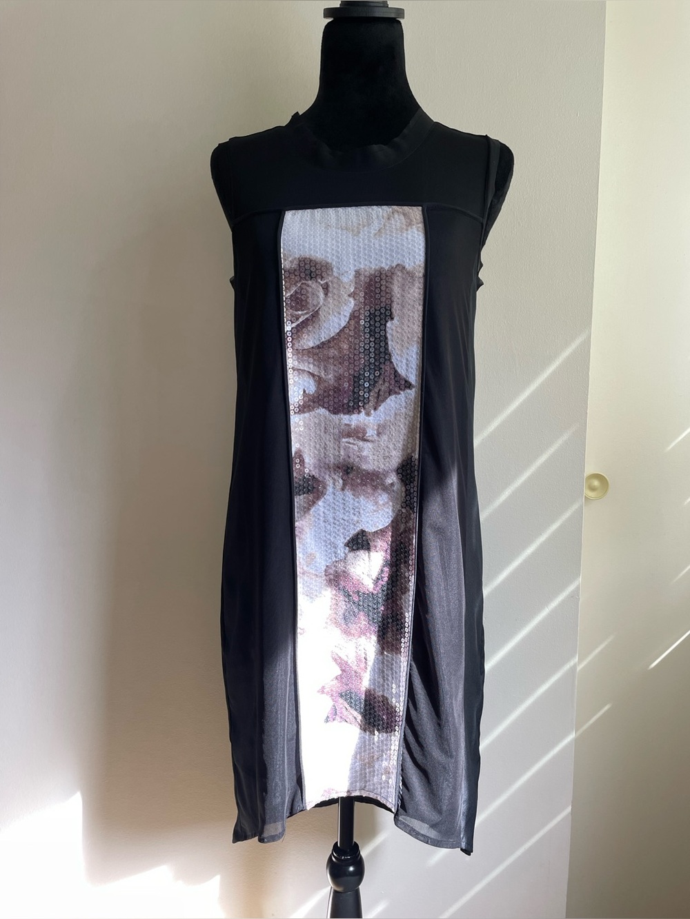 Melissa Nepton Black Mesh Sequin Panel Tunic Dress XS Sheer Sleeveless High Low
